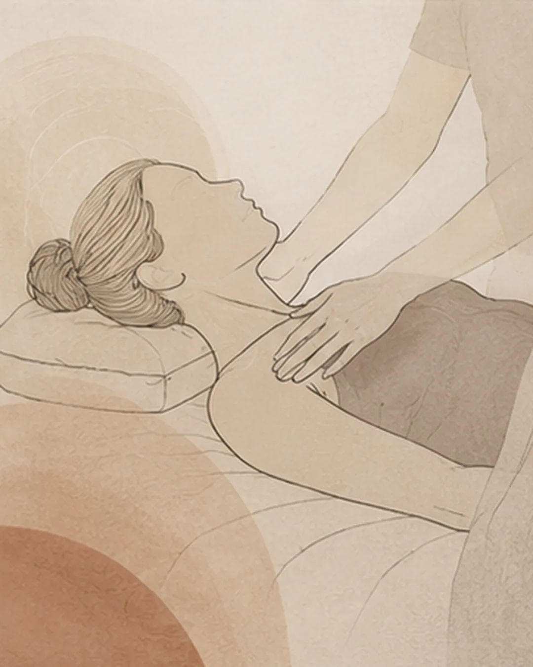 Abstract Aurelia illustration of a female figure resting calmly on a treatment table, with simple supportive hand forms suggesting hands-on osteopathic care