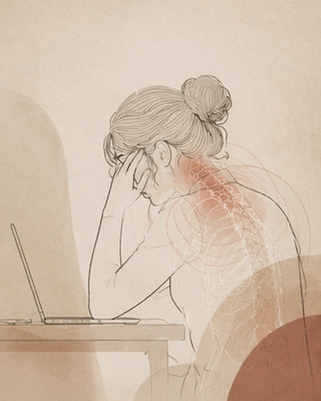 Abstract Aurelia illustration of a woman seated at a desk with her head and shoulders drawn forward and cervical tension marks