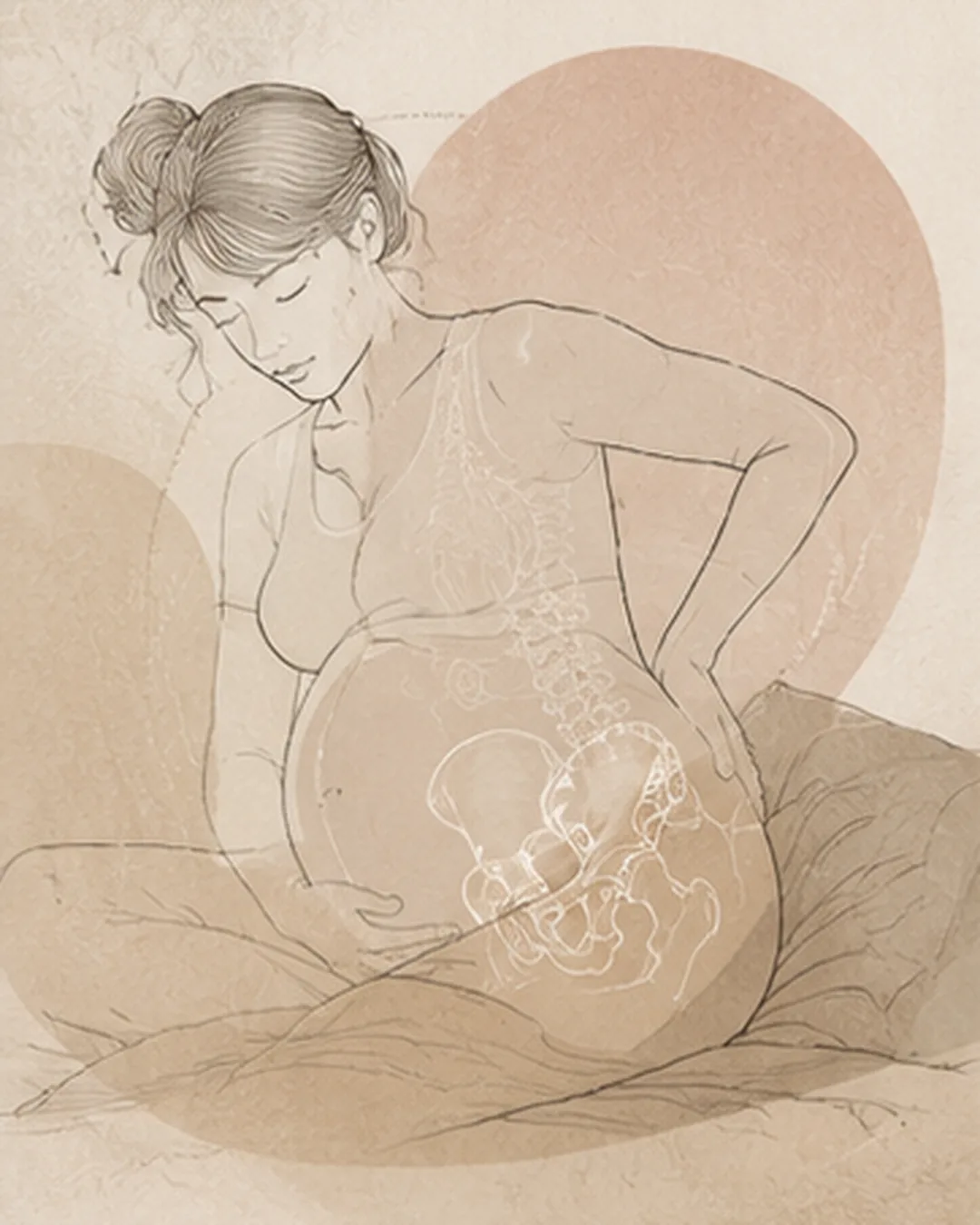 Abstract Aurelia illustration of a pregnant woman resting in a side-lying position with subtle pelvic and lumbar linework