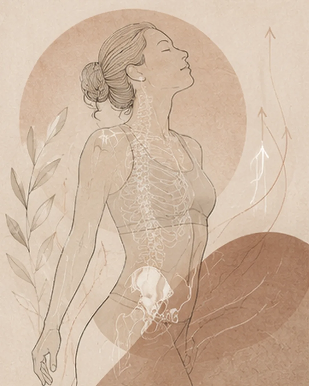 Abstract Aurelia illustration of a strong, upright female figure with flowing anatomical linework connecting spine, pelvis and shoulders