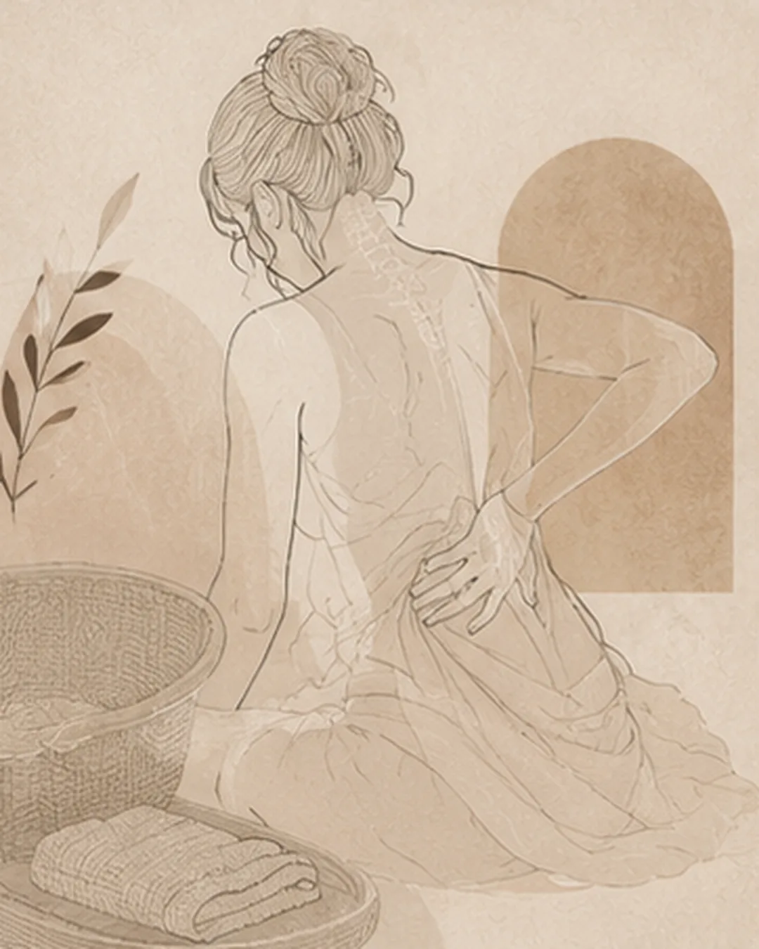Abstract Aurelia illustration of a woman seated and gently stretching with one hand resting on her lower back
