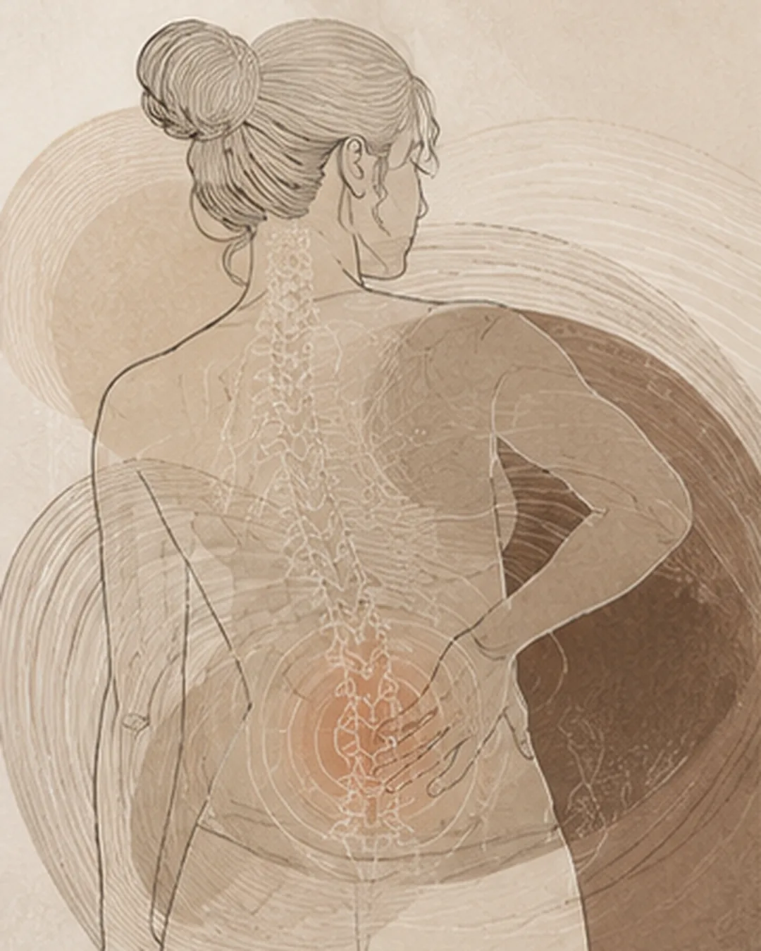 Abstract Aurelia illustration of a woman seen from behind with a hand resting over her lower back, surrounded by repeating circular forms suggesting recurring pain.