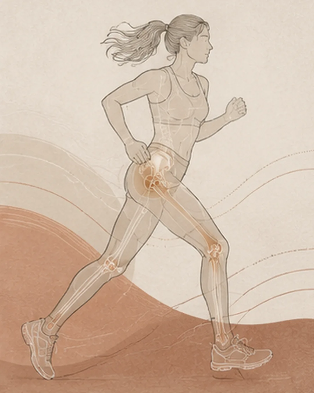 Abstract Aurelia illustration of a dynamic female runner with flowing movement lines emphasising hip, knee, ankle and foot alignment