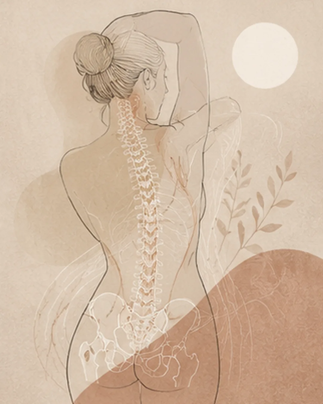 Abstract Aurelia illustration of an upright female figure moving confidently, with subtle skeletal alignment lines suggesting a transition from instability to strength