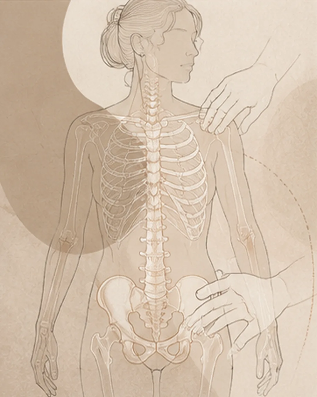 Abstract Aurelia illustration of a female figure with full-spine, ribcage and pelvis anatomy linework, representing the relationship between structure, movement and osteopathic treatment